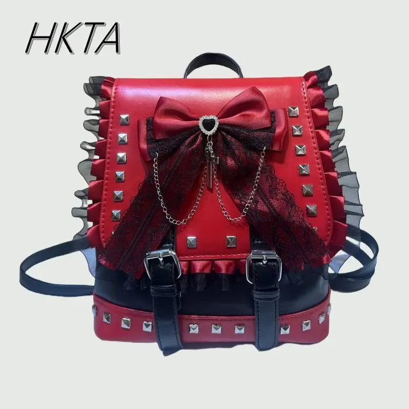 

Рюкзак большой емкости в студенческом стиле, женские сумки, темно-летние новые трехмерные черные рюкзаки с кружевным бантом