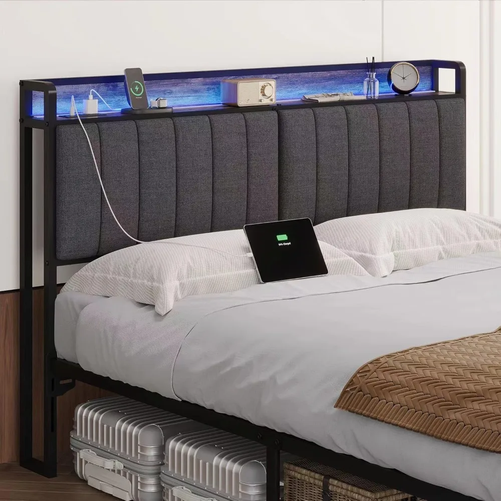 

Headboard with LED Lights & Charging Station, USB & Type C Port, Linen Upholstery, Headboard Only, Height Adjustable