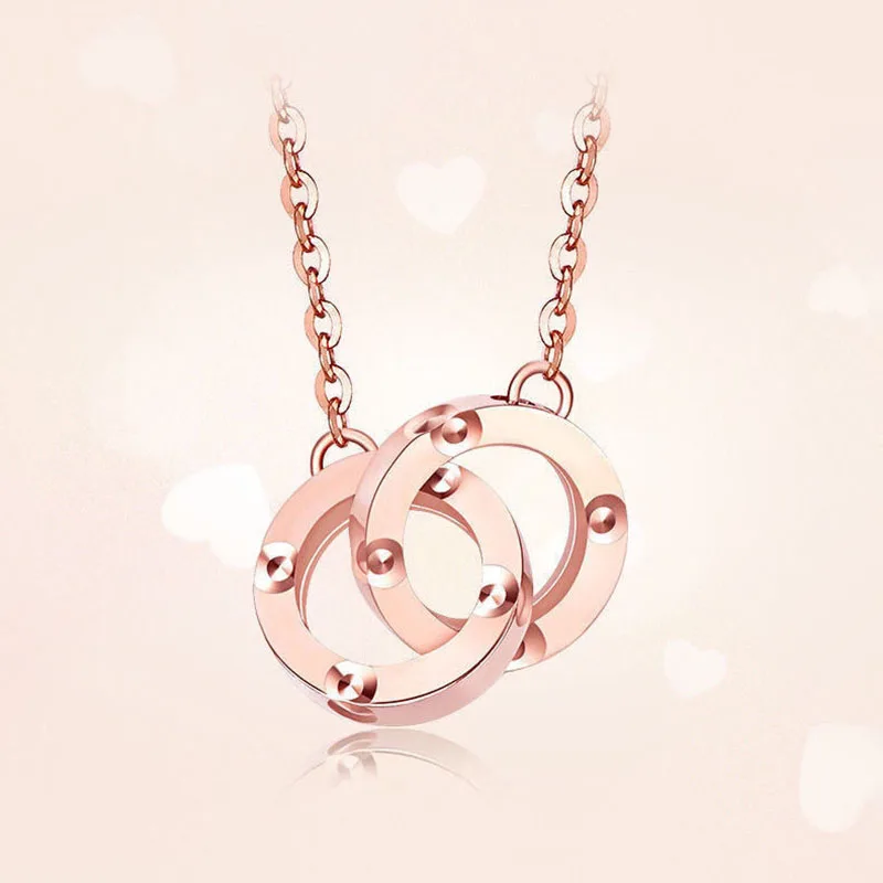 585 Purple Gold Plated 14K Rose Gold Double Ring Necklace Pendant Fashion Chain Classic Elegant Jewelry Gift for Girlfriend - Image 5
