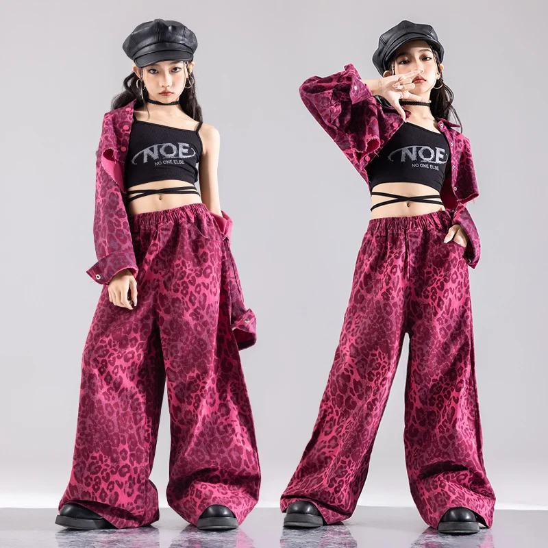 Girls Hip Hop Crop Jacket Cargo Pants Kids Street Dance Cargo Leopard Pant Clothes Set Children Wasteland Punk K-pop Costumes