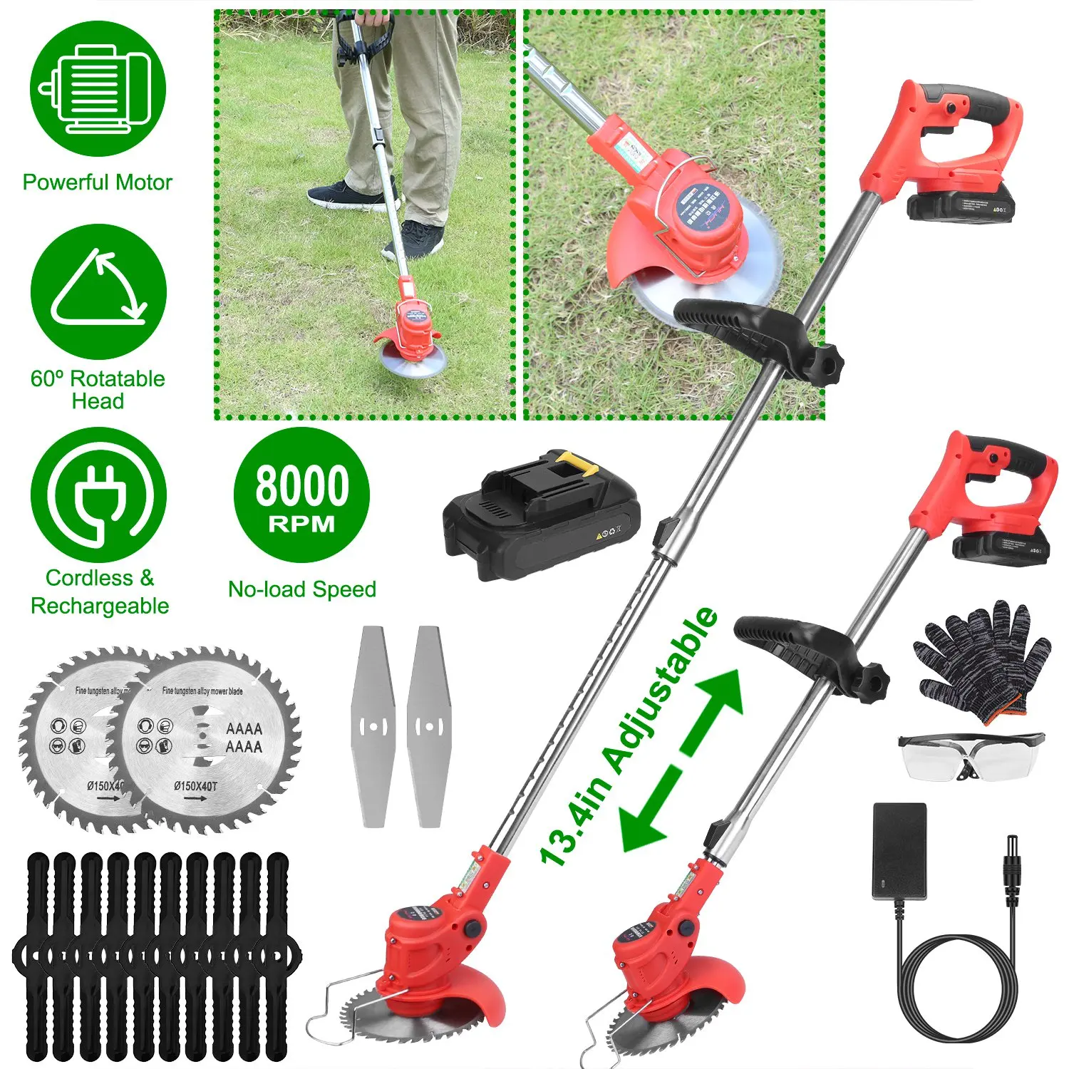 

Powerful 8000 Rpm Telescopic Lawn Mower with 37“ To 50.4” Adjustable Poles for Garden Yards, Cordless & Rechargeable