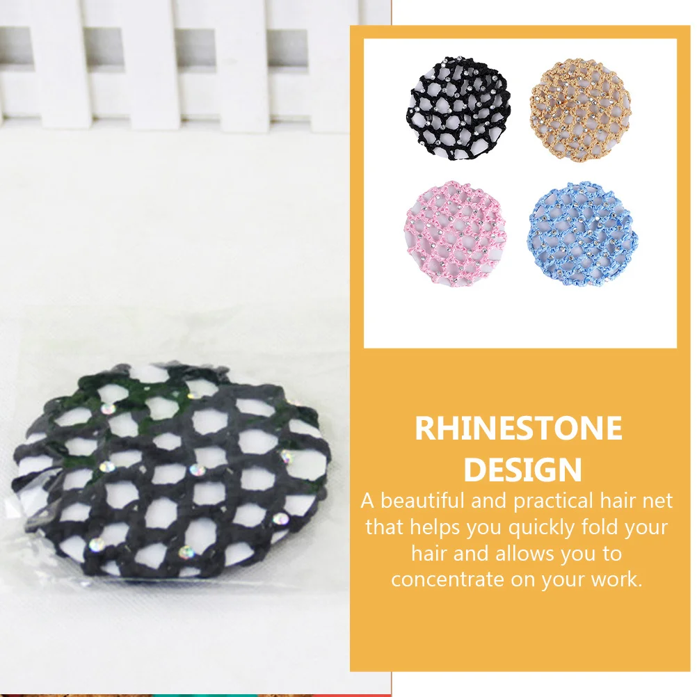 

4pcs Elastic Hair Snood Ruffles Bun Hair Nets For Ballet Dance Performance Women Polyester Rhinestone Hairnet Headdress