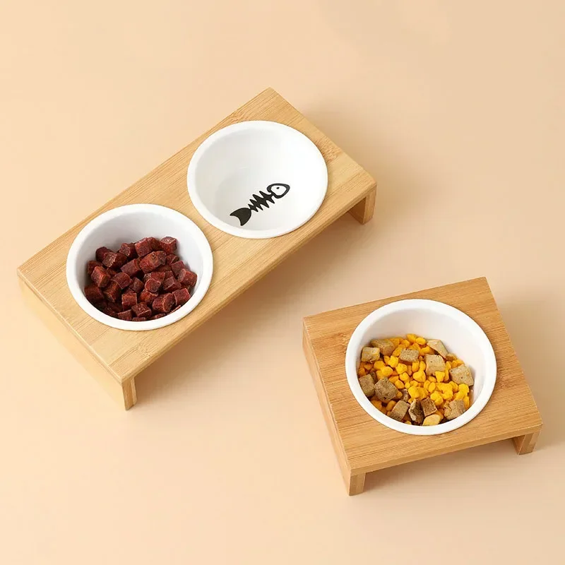 Pet cat and dog Double bowl Single bowl Ceramic bowl bamboo table into cat non-slip double bowl Dog cat food bowl