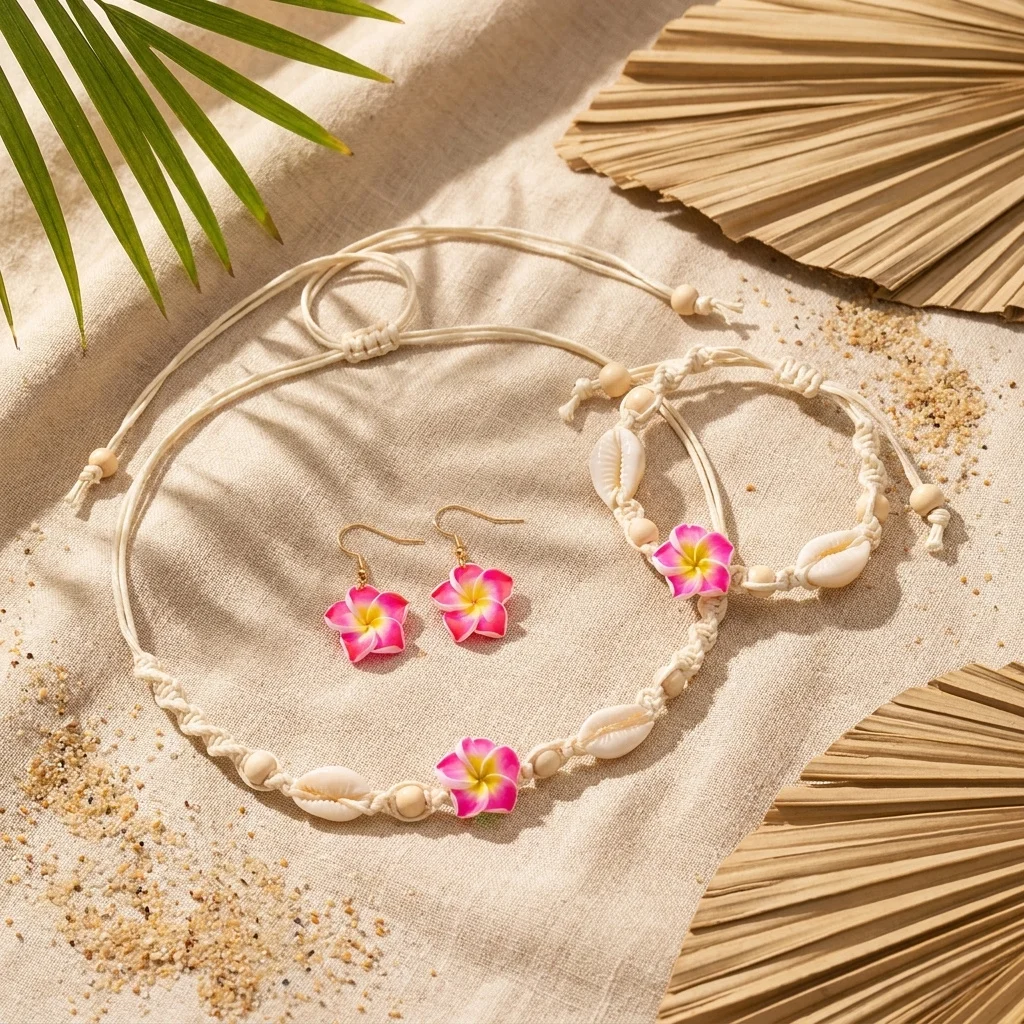 

Bohemian Pink Flower Heishi Beads Necklace Earrings Bracelet Set for Women Romantic Conch Floral Party Jewelry Gift