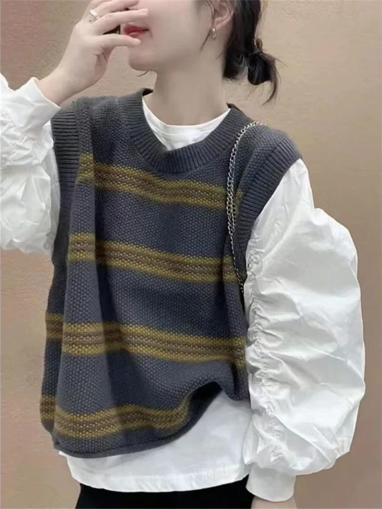 Koreański styl 2025 wiosna jesień damska dzianinowa kamizelka luźna w paski casualowa uniwersalna wyszczuplająca stylowa swobodna kamizelka młodzieżowa