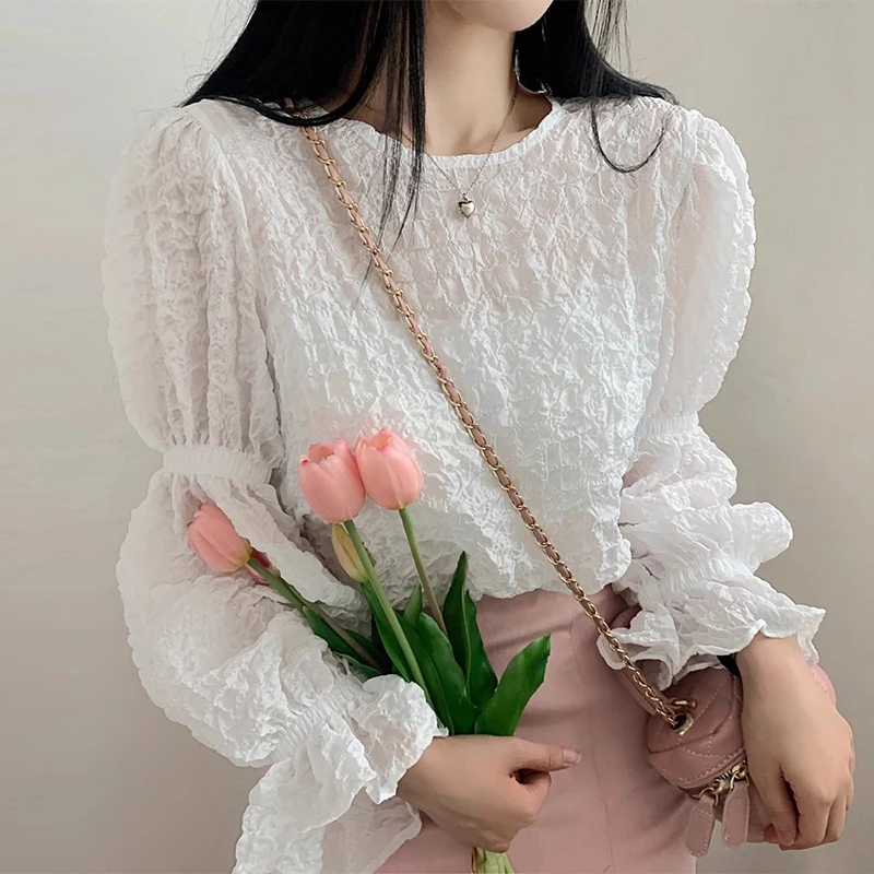 

Sweet Childhood Memories Lantern Sve irt Women's Early Autumn New Sle 3D Pleated Korean Version Loose Fit Lace Top