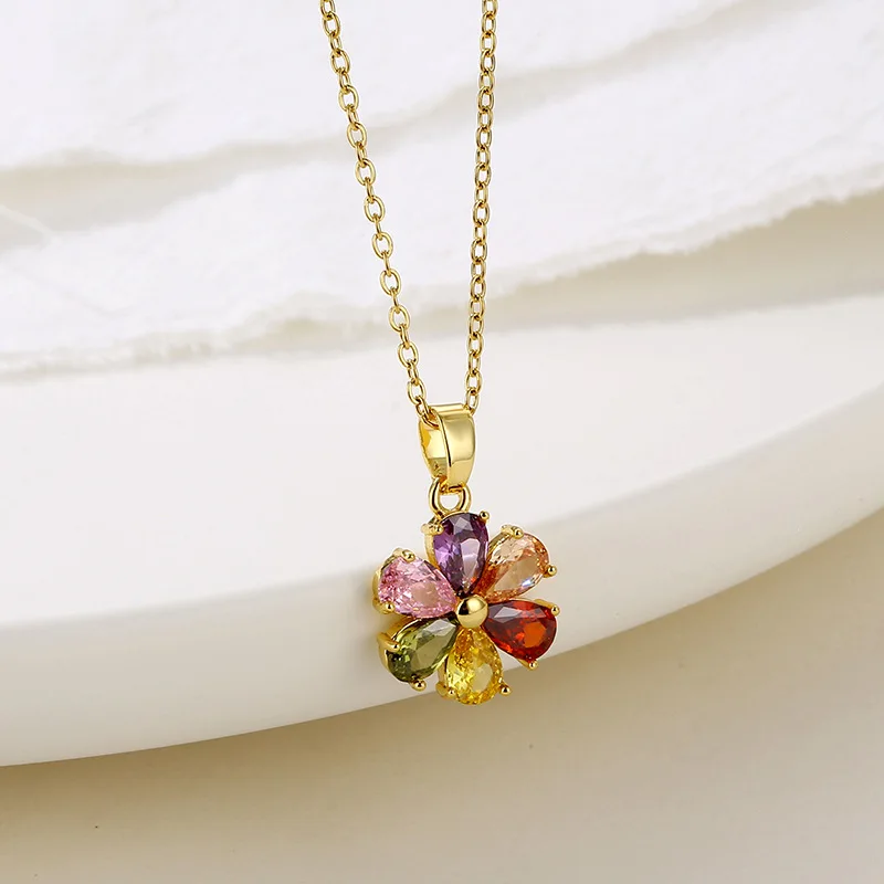 Fashion Colorful Zircon Flower Pendant Necklaces for Women Girls Stainless Steel Trendy Romantic Jewelry Accessories Gifts