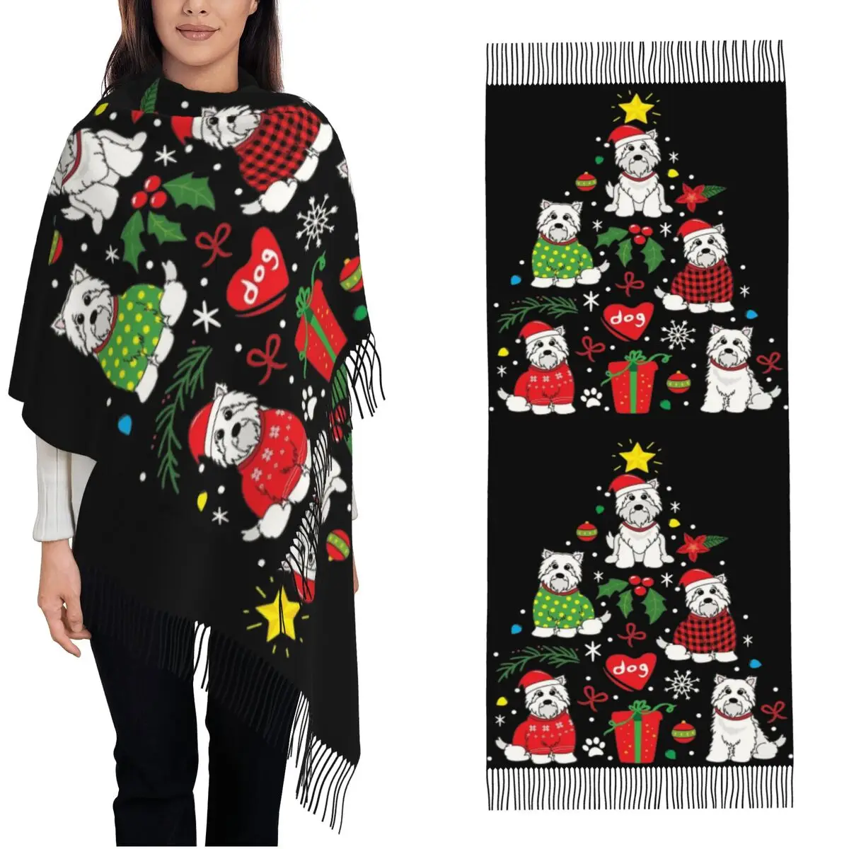 Womens Tassel Scarf Westie Dog Christmas Tree Large Winter Warm Shawl Wrap Gifts Cashmere Scarf