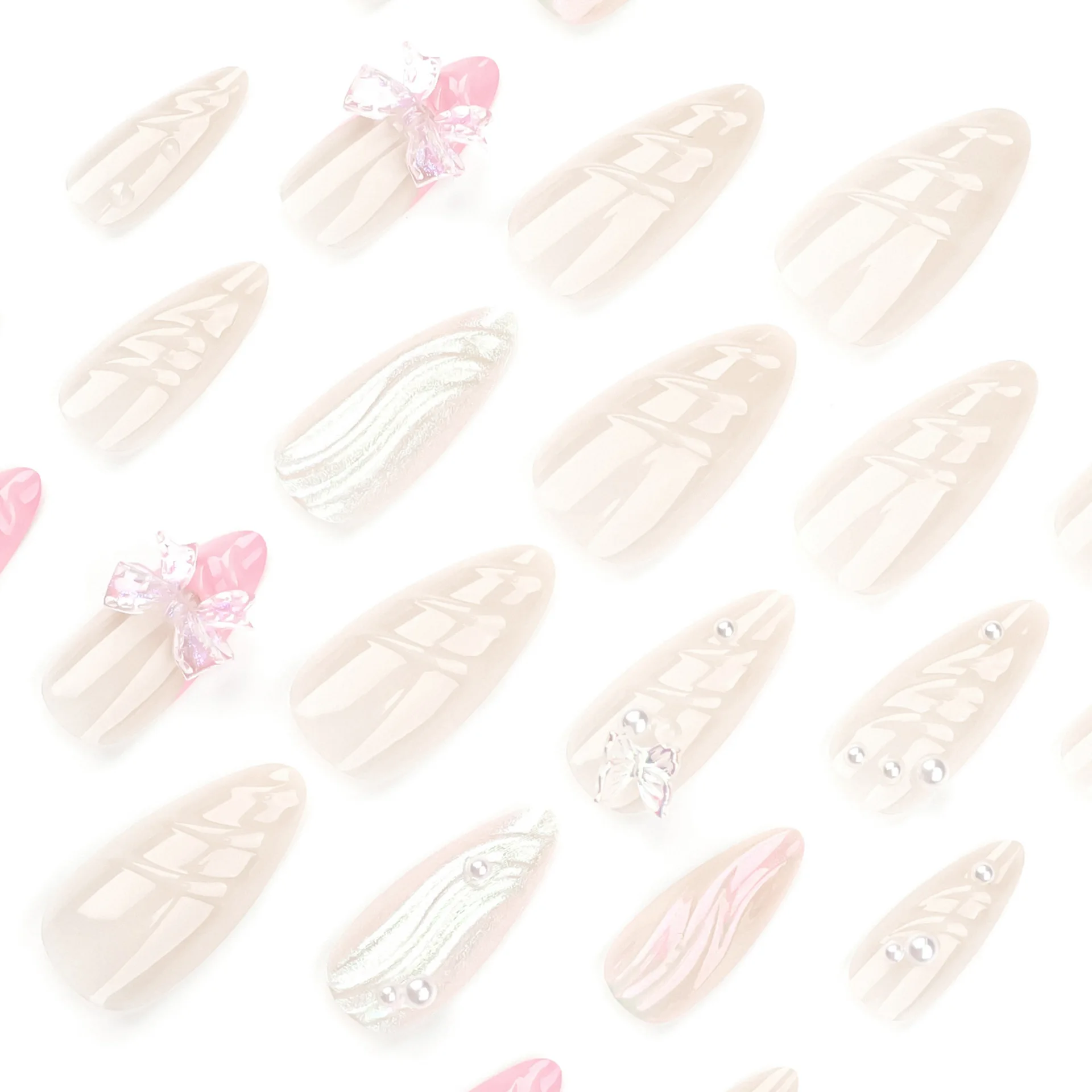 เล็บปลอมสีชมพูหวานสไตล์ฝรั่งเศส 24 ชิ้น ประดับมุก 3 มิติ รูปโบว์ กดติดง่าย ทรงอัลมอนด์ ปิดเต็มเล็บ สำหรับผู้หญิงและเด็กผู้หญิง