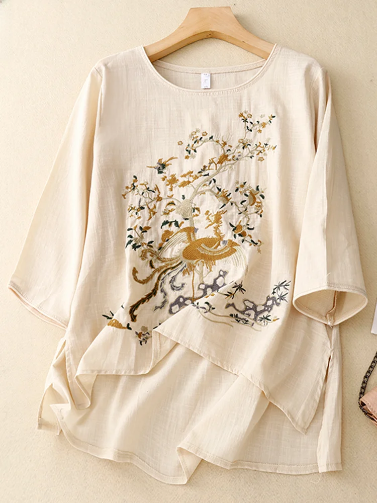 

Свободный хлопковый льняной женский топ с вышивкой, летняя футболка с круглым вырезом Ne Plant с цветочным узором