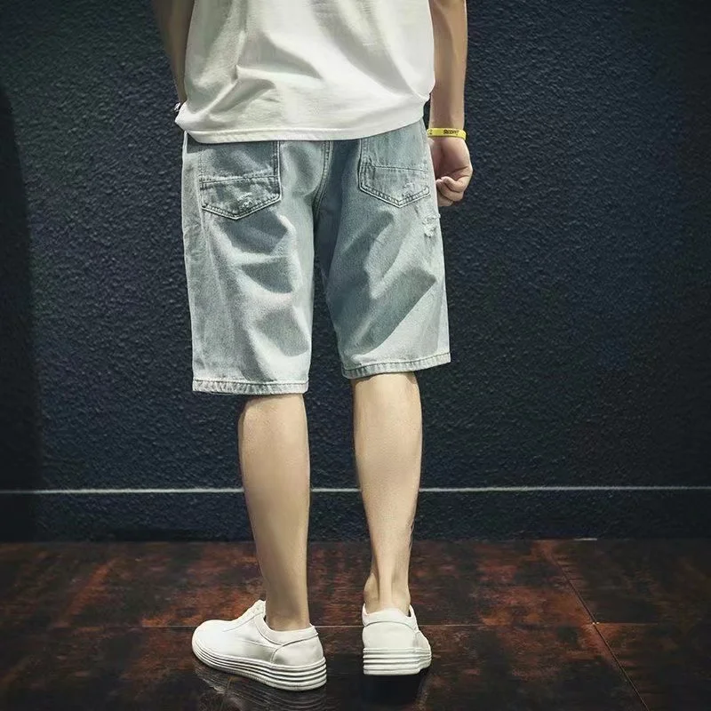Summer Men's Denim Shorts Retro Ripped Hong Kong Fashion Loose Wide Leg Knee Length Versatile Street Style Cool Trendy Outfit
