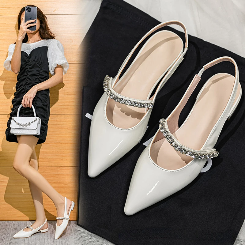 Rhinestone Pointed Sandals Women's 2024 New Summer Bag Head Half Drag Flat Bottom Empty Mary Jane Shoes