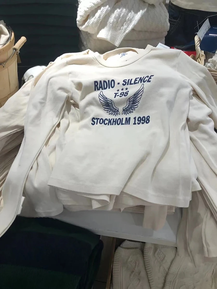 رسالة الجناح طباعة تي شيرت المرأة الخريف جديد س الرقبة القطن سليم كم طويل تيز الشارع الشهير شيك بسيط Vintage القمم الملابس