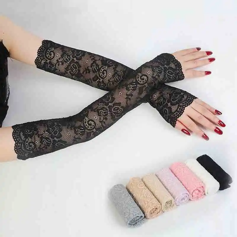 Sexy Jurk Feest Kanten Handschoen Dames Effen Bloemenprint Vingerloze Handschoenen Stretch Arm Elleboogmouwen Handschoenen Zomer Zonnebrandcrème Wanten