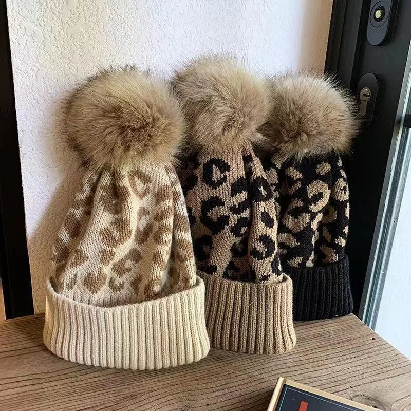 Women Knit Beanie Winter Warm Slouchy Hat with Leopard Print Faux Fur Pom Pom Folded Brim Skull Cap for Women