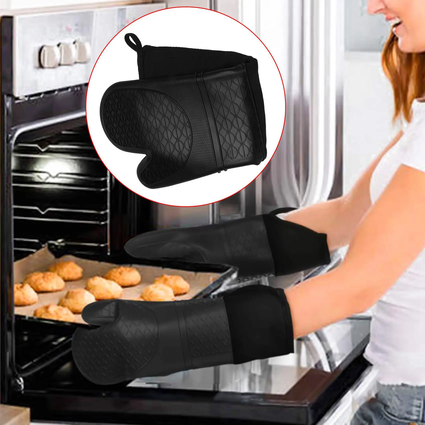 AC23-Extra Long Silicone Oven Mitts Heavy Duty Commercial Grade Oven Mitts Bbq Gloves With Quilted Cotton Lining 4 Pack