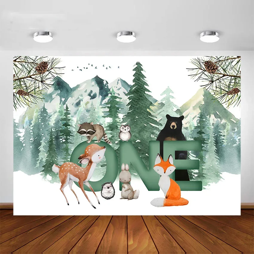 7x5FT Wild One Woodland Creatures Boy Baby Shower Woods Outdoor Weatherproof Photo Background Wrinkle Free Polyester Polycotton