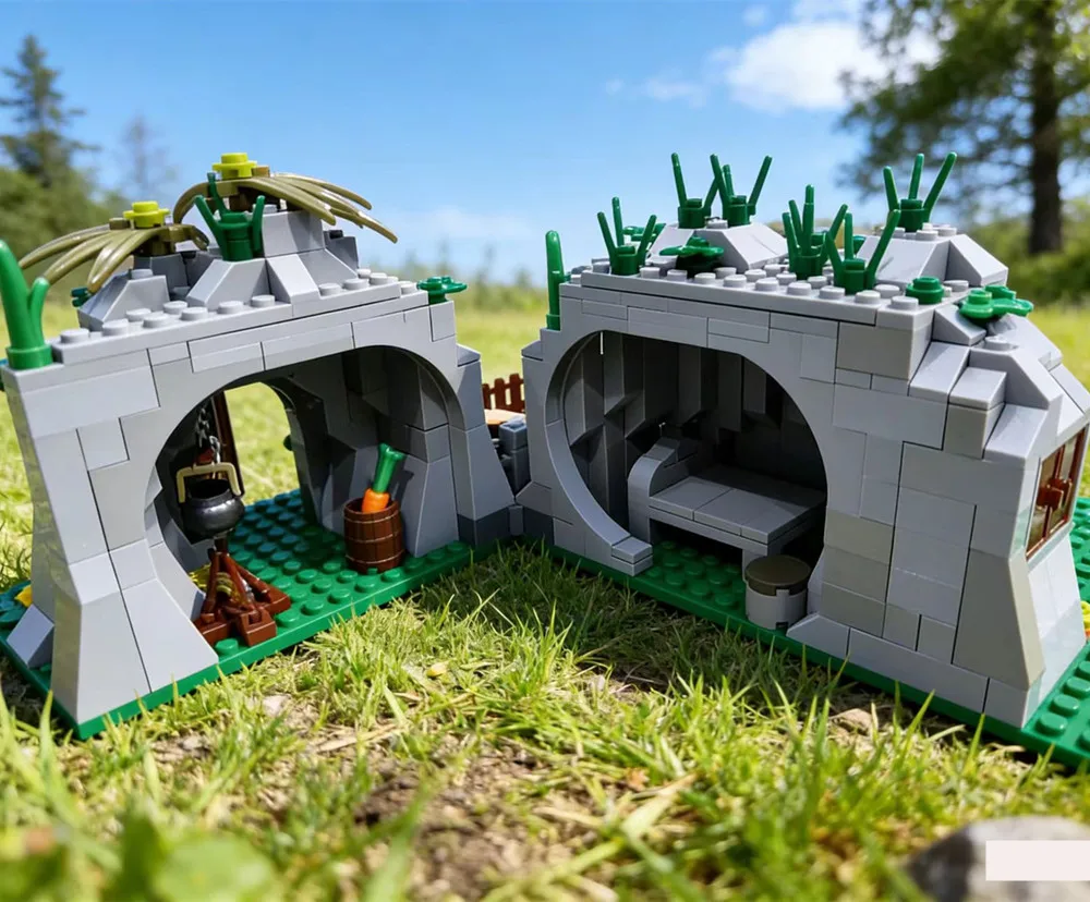 Building blocks MOC The mountain top cave rockery scene with pigsty Savage Cave building blocks toys