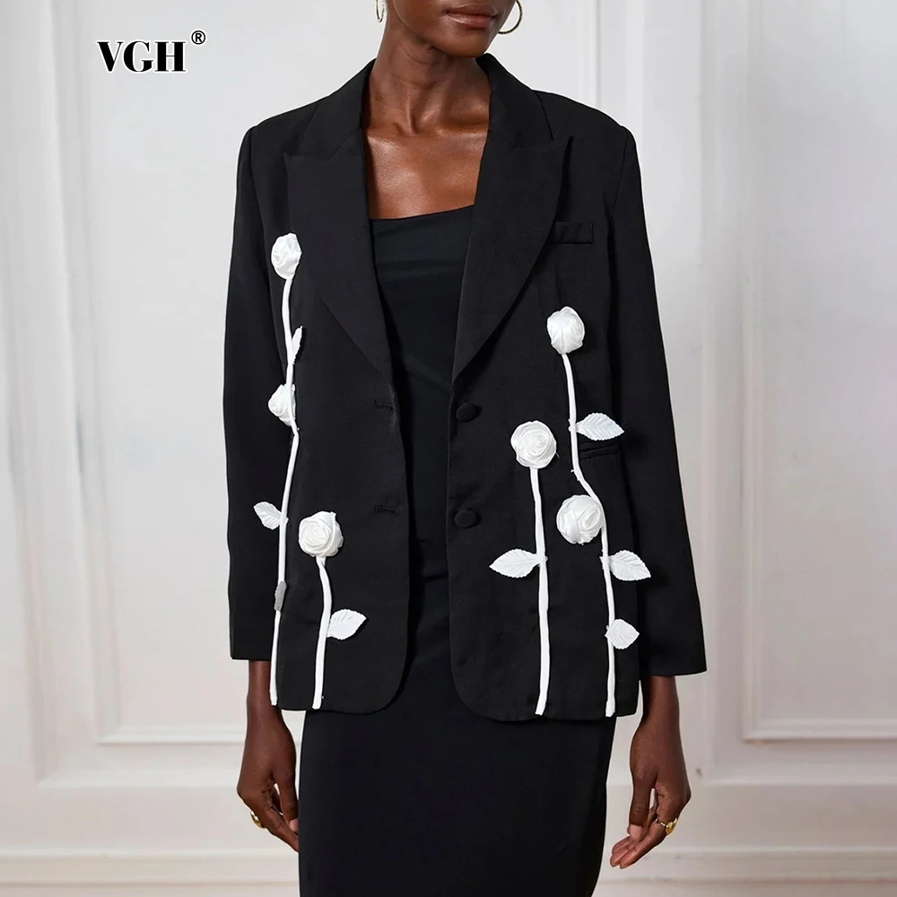 VGH Patchwork White Flower Slimming Blazer for Women Notched Collar Long Sleeve Spliced Button Designer Blazers Female Fashion