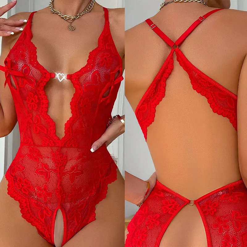 

Adult Ladies And Hot Girls Exquisite Summer Butterfly Condensation Back Lace Sexy Red Beautiful Sparkling Unobstructed Jumpsuit