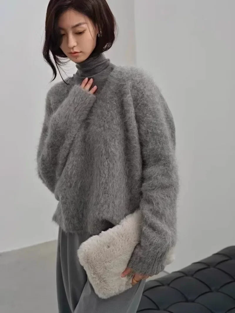 Fashionable Gray Mink Fur Sweater 2024 Women's Autumn and Winter Thick Lazy Style V-neck Knitted Sweater Top Female Clothing