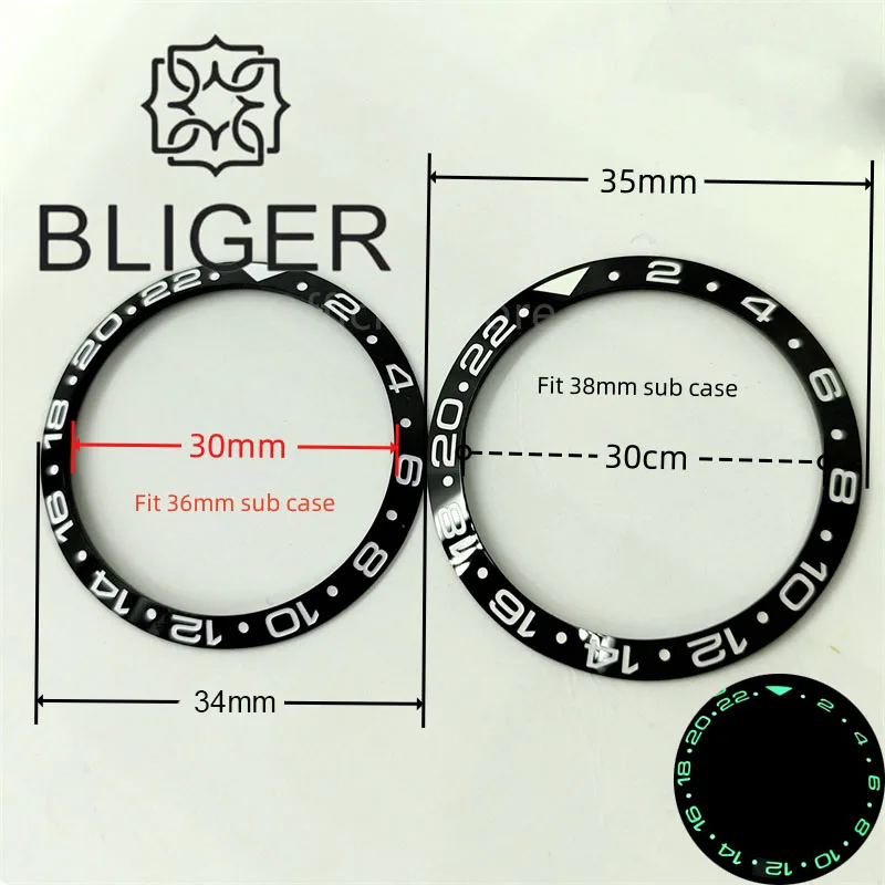 BLIGER 34mm/35mm Diameter Watch Bezel Super Vintage Bat/Man Blue Red Insert C3 Green Luminous Fit 36mm/38mm S/U/B Watch Case