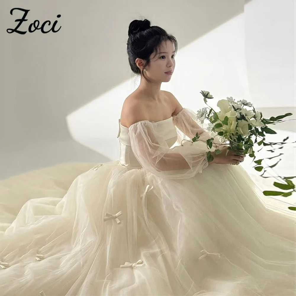 

Zoci Elegant Strapless Korea Wedding Dresses Detachable Long Puff Sleeve Customized Photos Shoot Dress Ribbon Corset Bridal Gown