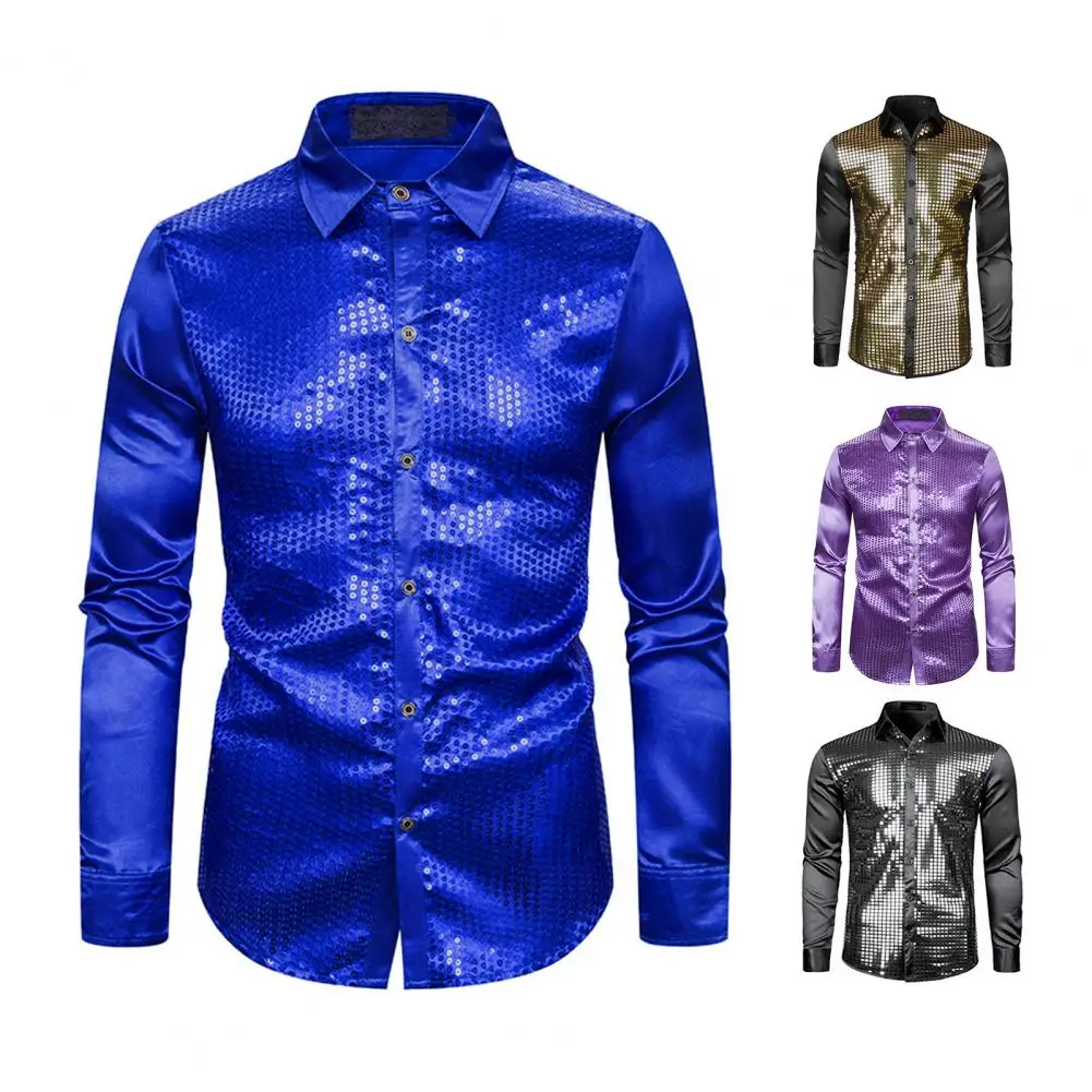 Men Sequin Shirt Stylish Men's Performance Shirt Shiny Sequin Lapel Slim Fit Colorful Stripe Long Sleeve Club Dance Top Sequin