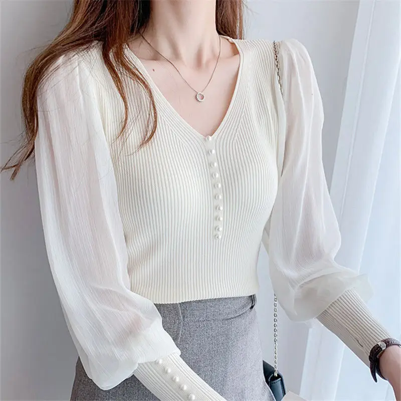 Spring Autumn New V-neck Fashion Puff Sleeve Sweater Women High Street Solid Color Pullovers Elegant Embroidered Flares Tops