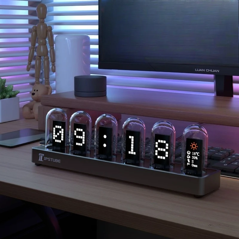 Classic Nixie Tube Display Table Clock Transparent Glass Tube Numeral Glow Design Desk Clock Adjustable Modern Bedroom Ornament