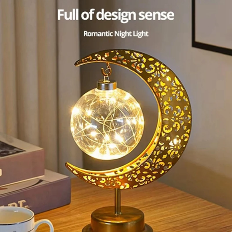 NEW-Iron Moon Round Ball Muslim Style Modeling Lamp Decorative Bedroom Holiday Table Atmosphere Lamp