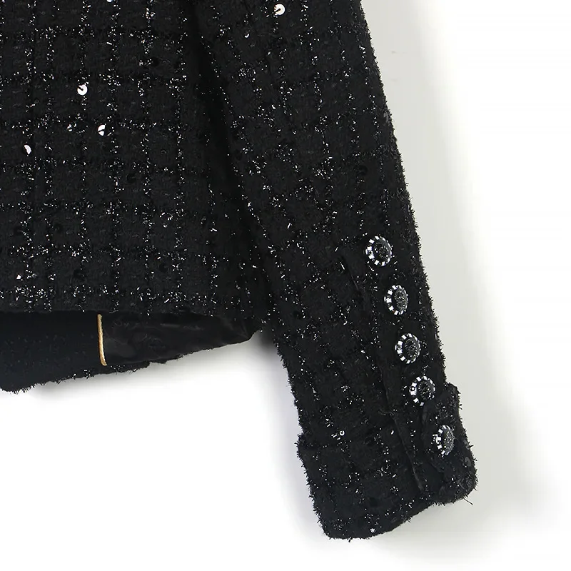 Black Sequins Wool Tweed O Neck Short Coat Small Fragrance Casual Fashion Pockets Korea Chic Daily Women Jacket Autumn Winter