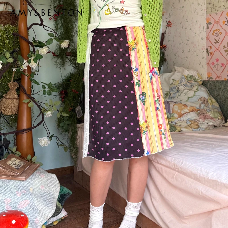 

Summer Splicing Lace Print Polka Dot Pleated Women's Skirt Vintage Design Loose Straight Sweet Cool Mid-Length Skirts Ladies