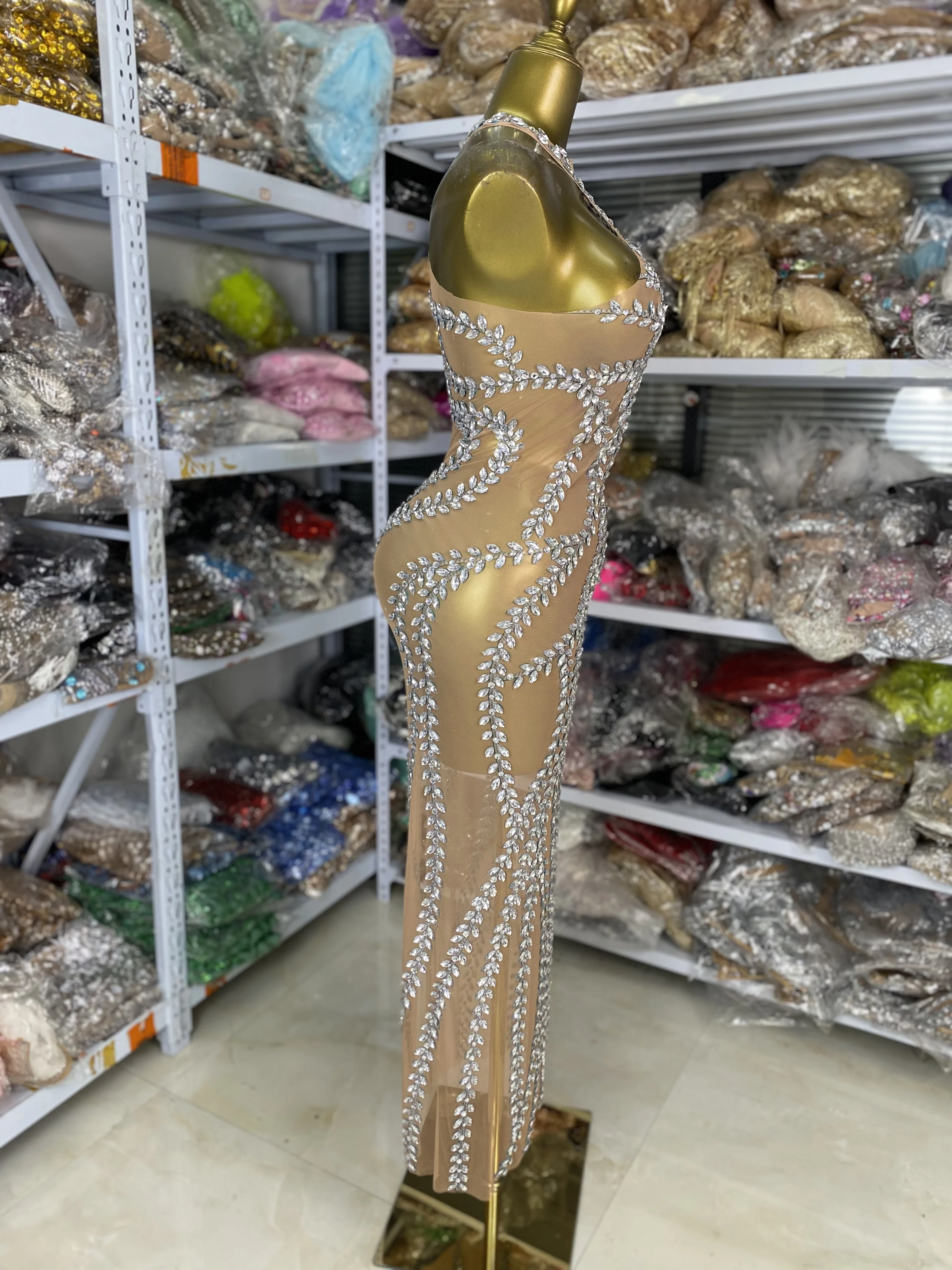 المرأة المطبوعة التألق الراين شبكة ماكس فستان طويل شفاف قطعة واحدة المشاهير مساء نادي حفلة المدرج حفل العباءات #1