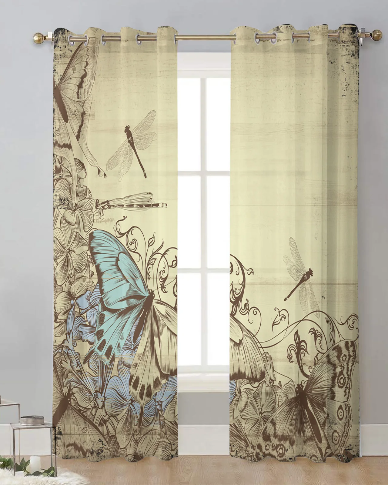 

Wood Grain Plant Butterfly Retro Sheer Tulle Curtain Children Bedroom Curtains Living Room Window Treatment Voile Drape