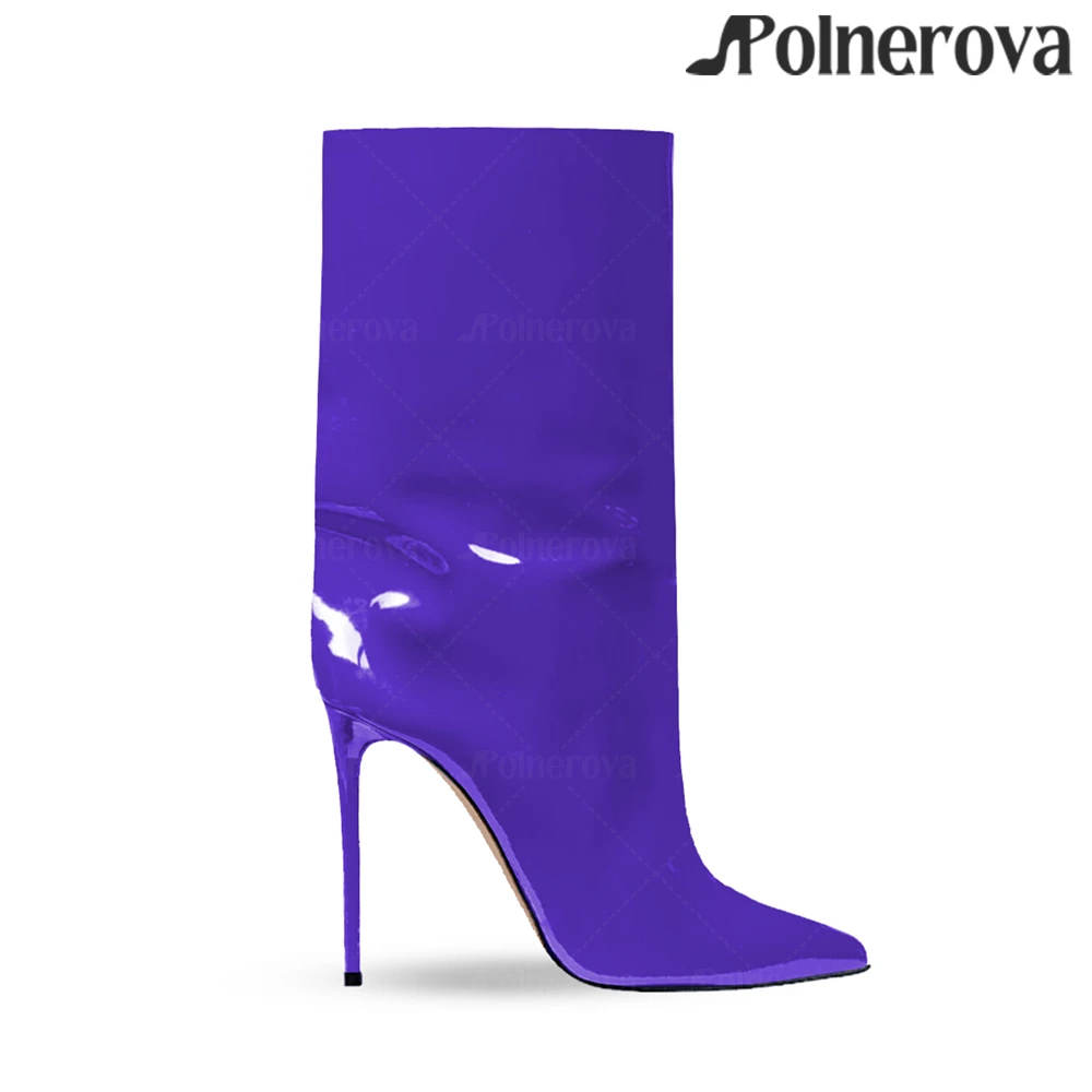 Botas hasta la pantorrilla de aguja de charol, botas tubulares de tacón alto y punta puntiaguda de estilo Sexy, botas hechas a mano de cuero coloridas a la moda para mujer