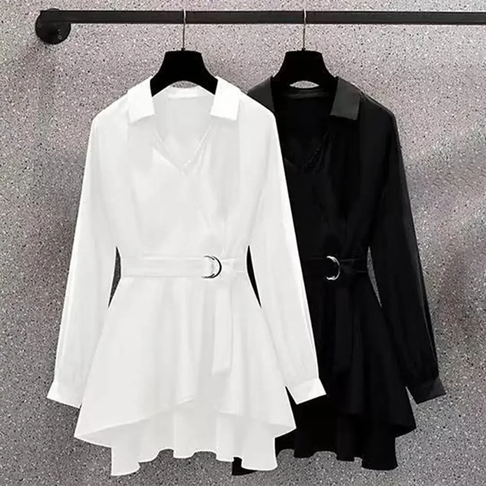 

New Lapel V Neck Long Sleeves Irregular Hem Plus Size Women Shirt Waist Tight Adjustable Belt Pullover Shirt Top Female Clothing