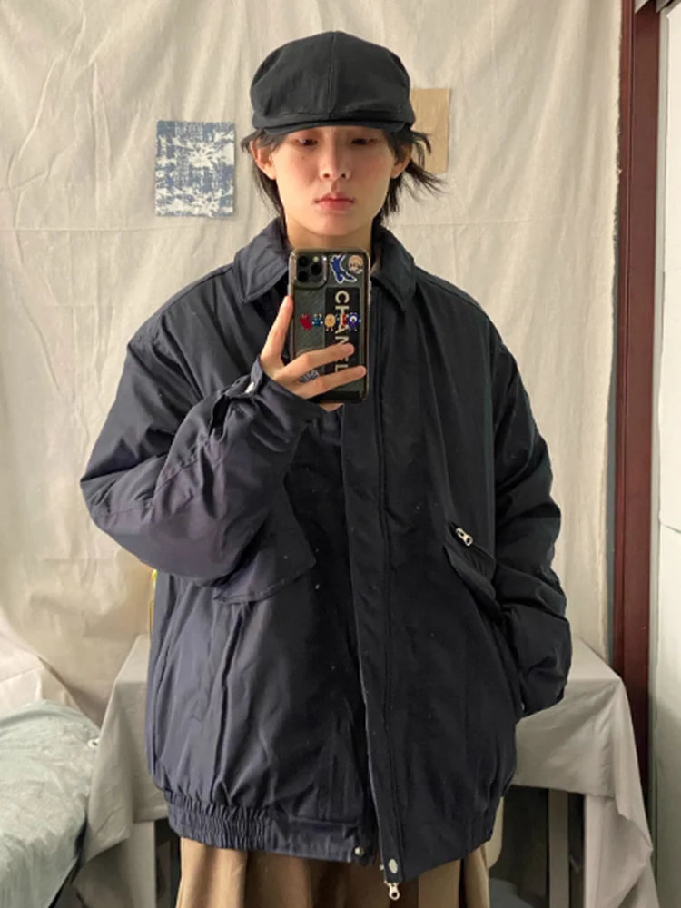 

Warm Cotton Jaet for Men Winter Flip Collar Loose Fit Pilot Sle Coat with Multiple kets Youthful Trendy Stand Size