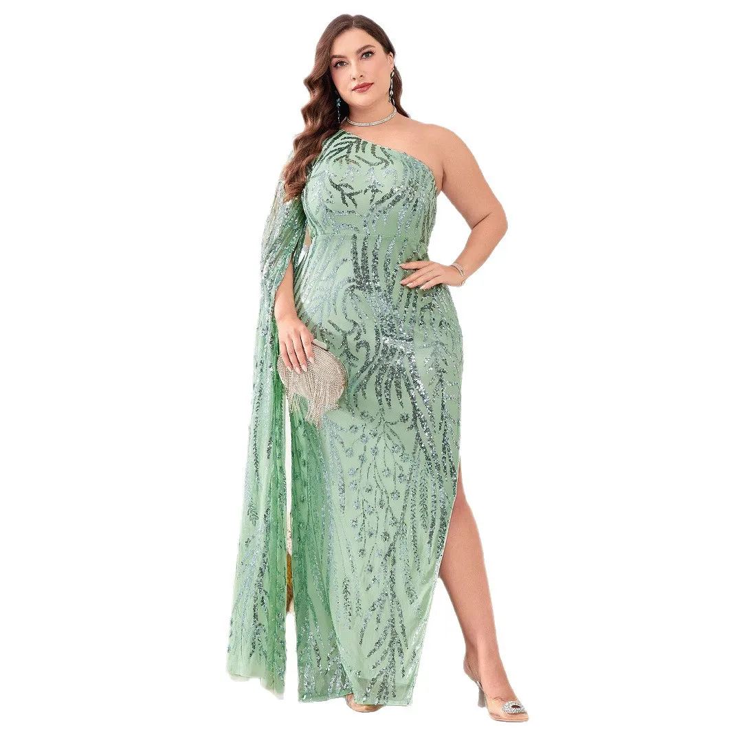 مثير كبير الحجم المرأة طويلة واحدة oulder مائل طوق مساء الدكتور تألق ثوب مسائي Ele عالية الخصر Bodycon تنورة