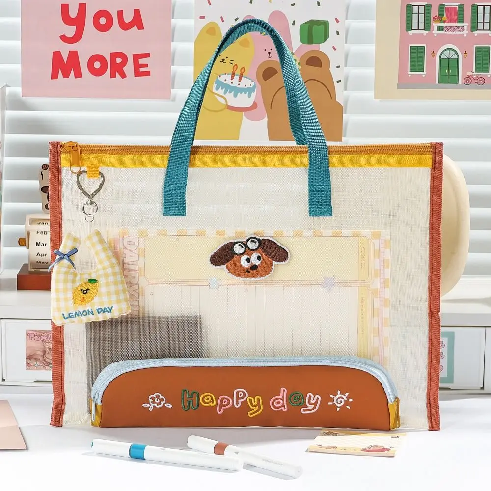Kawaii Mesh Document Bag Clear Visible Handheld File Bag with Pencil Case File Document Pouch School Office - view 2