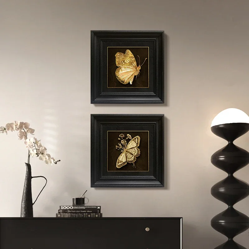 Vintage Porch Decoration Delicate Black Frame Gold Butterfly Flower Wall Hanging Art Luxury Wall Painting Home Decoration