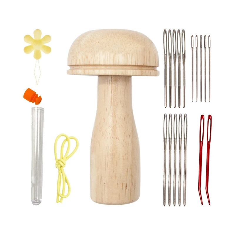 

Wooden Darning Mushroom Needle Thread Kit Wood+Metal Wood Color For DIY Hand Sewing Darning Socks Clothes