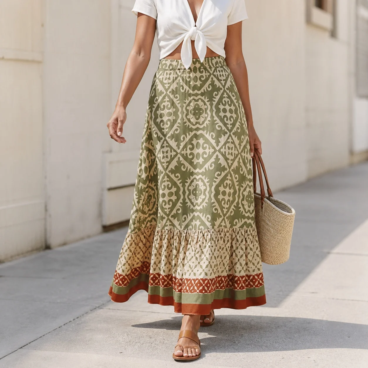 Women's Long Printed Geometric Ruffle Flared Loose Skirt for Vacation Travel Casual Wear Female Clothing for Women Clothes