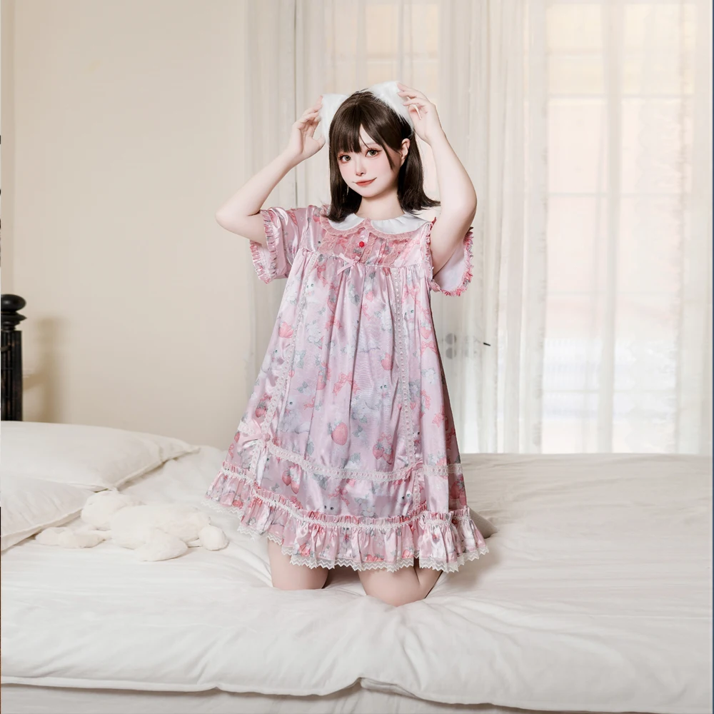 Pigiama originale Lolita Print Cute Doll Neck Summer Ice Feeling gonna in pizzo Sweetheart Ruffles Girlish Sleepwear sottile confortevole