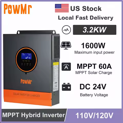 PowMr 3.2KW 24V Solar Inversor 110/120V AC 60A MPPT Solar Charger Pure Sine Wave Off-Grid Hybrid Inverter Fit Lithium Battery