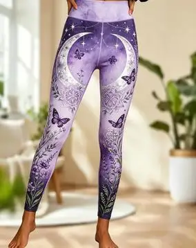 Women Mid‑Rise Fleece Lined Leggings Galaxy Moon Face Butterfly Floral Print Slim Stretch Thermal Pants - view 4