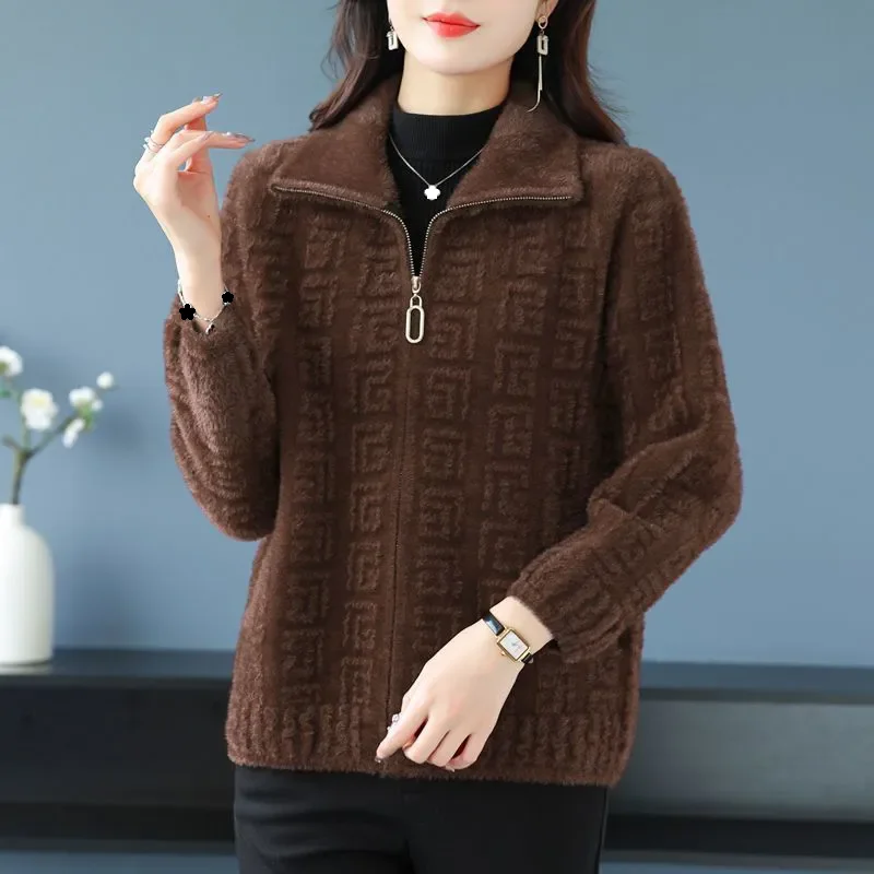 

Middle Aged Elderly Mother Imitation Mink Velvet Coat Autumn Winter Thick Zipper Cardigan Sweater Women Knitted Jacket