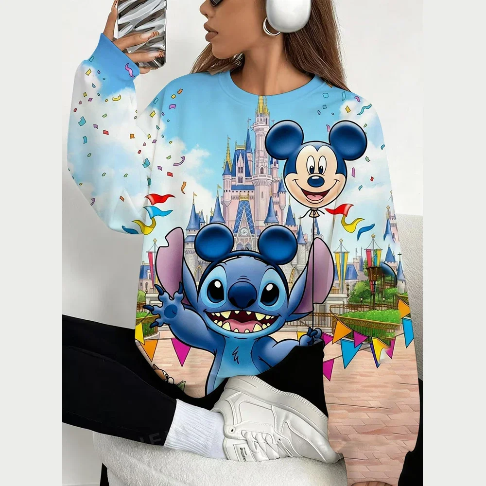 بلوفرات عصرية من سلسلة ديزني للنساء، بلوزات برقبة دائرية مطبوعة ومريحة، ملابس نسائية