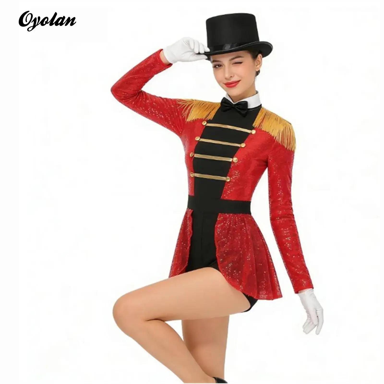 

Womens Sequin Circus Ringmaster Magician Director Cosplay Costume Leotard Bodysuit Top Hat Bow Fake Collar And White Gloves