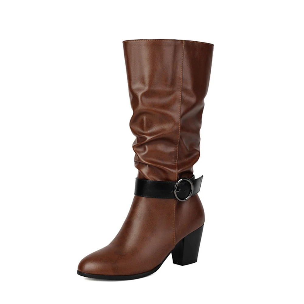 Women Ruched Knee High Fahsion Boots Block Heel Metal Buckle Warm Lined Western Boots Black Brown White Plus Size 35-48 25-9